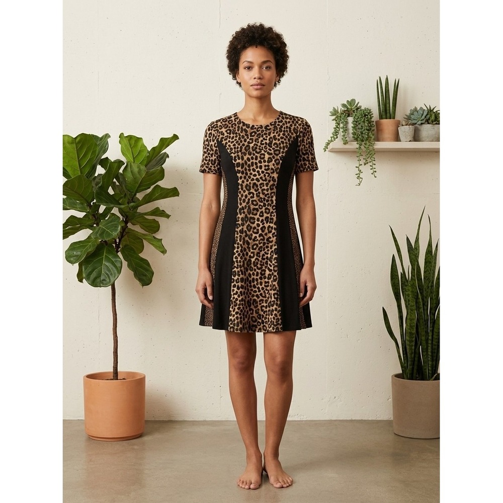 Michael Michael Kors Leopard Print Short Sleeve Dress Dark Camel Black Size L